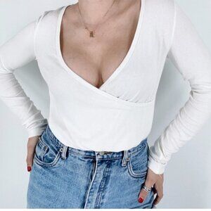 We the Free Free People White Faux Ribbed Wrap Top Plunging Neckline